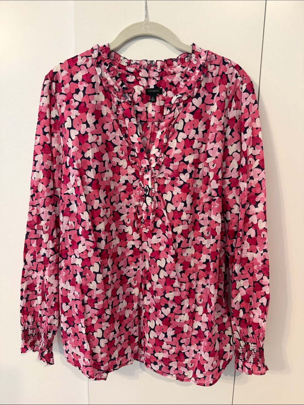 Talbots Pink and White Heart-Print Long Sleeve Blouse